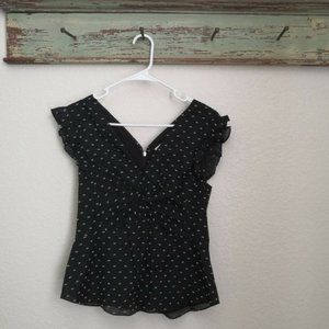 REBECCA Taylor Top Black White Flutter 6 Polka dot